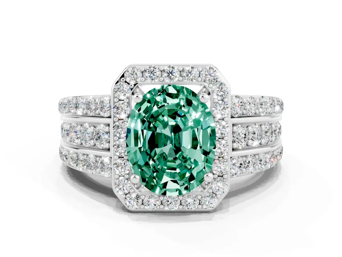 Oval Cut Halo Green Sapphire Ring with Round Split Shank and Prong Setting Platinum