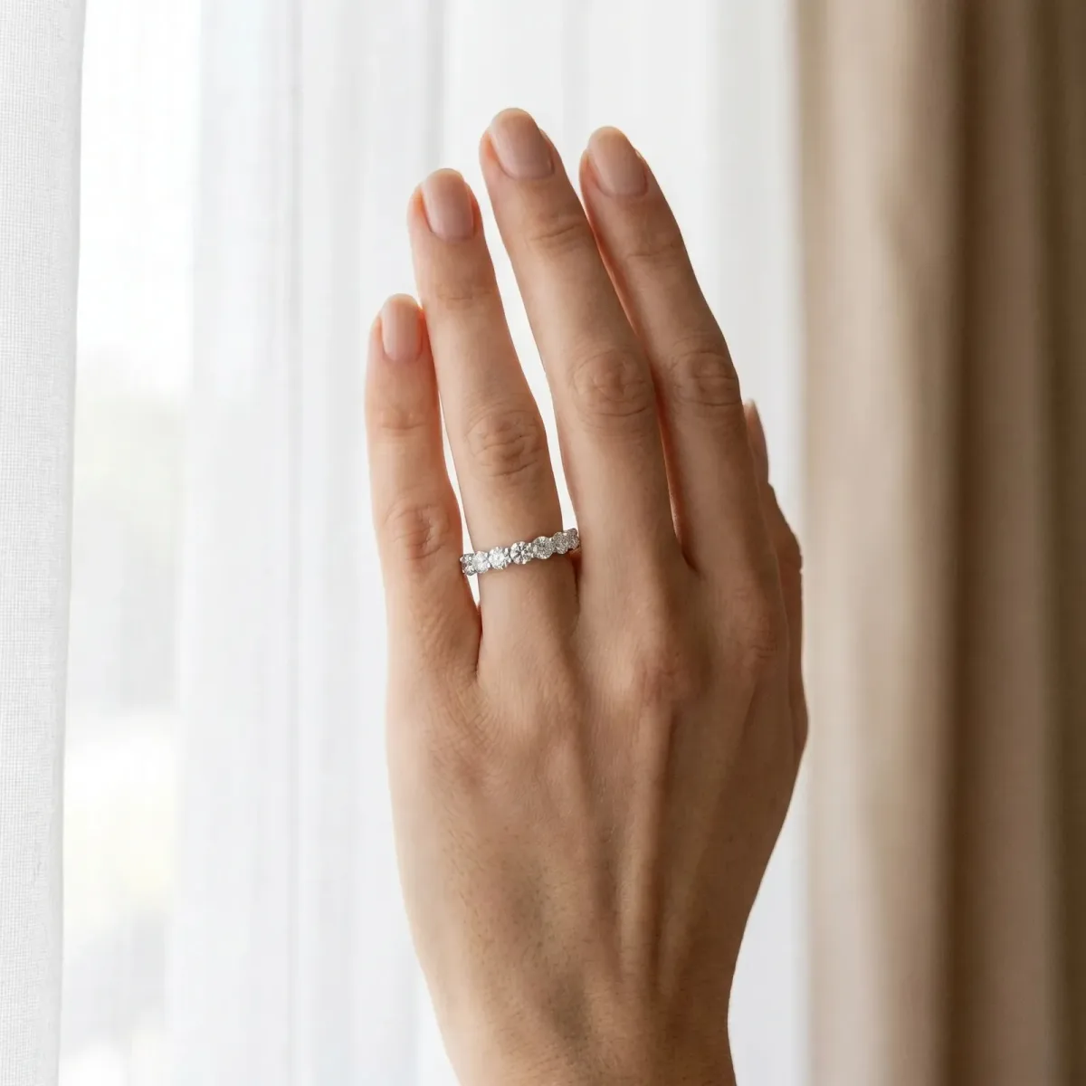 Round Diamond Half Eternity Band with Prong Setting Silver