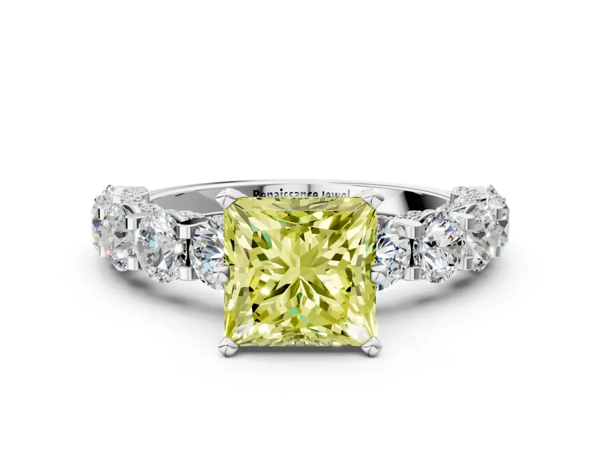 Fancy Yellow Princess Cut Diamond Side Stone Engagement Ring with Four-Prong Setting White gold