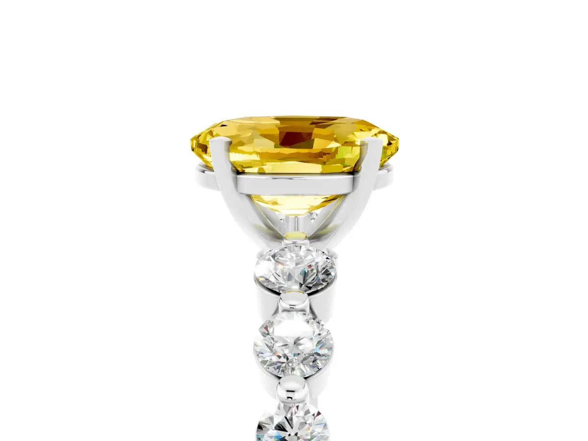Oval Cut Solitaire Yellow Sapphire Ring with Pave Band and Four-Prong Setting Silver