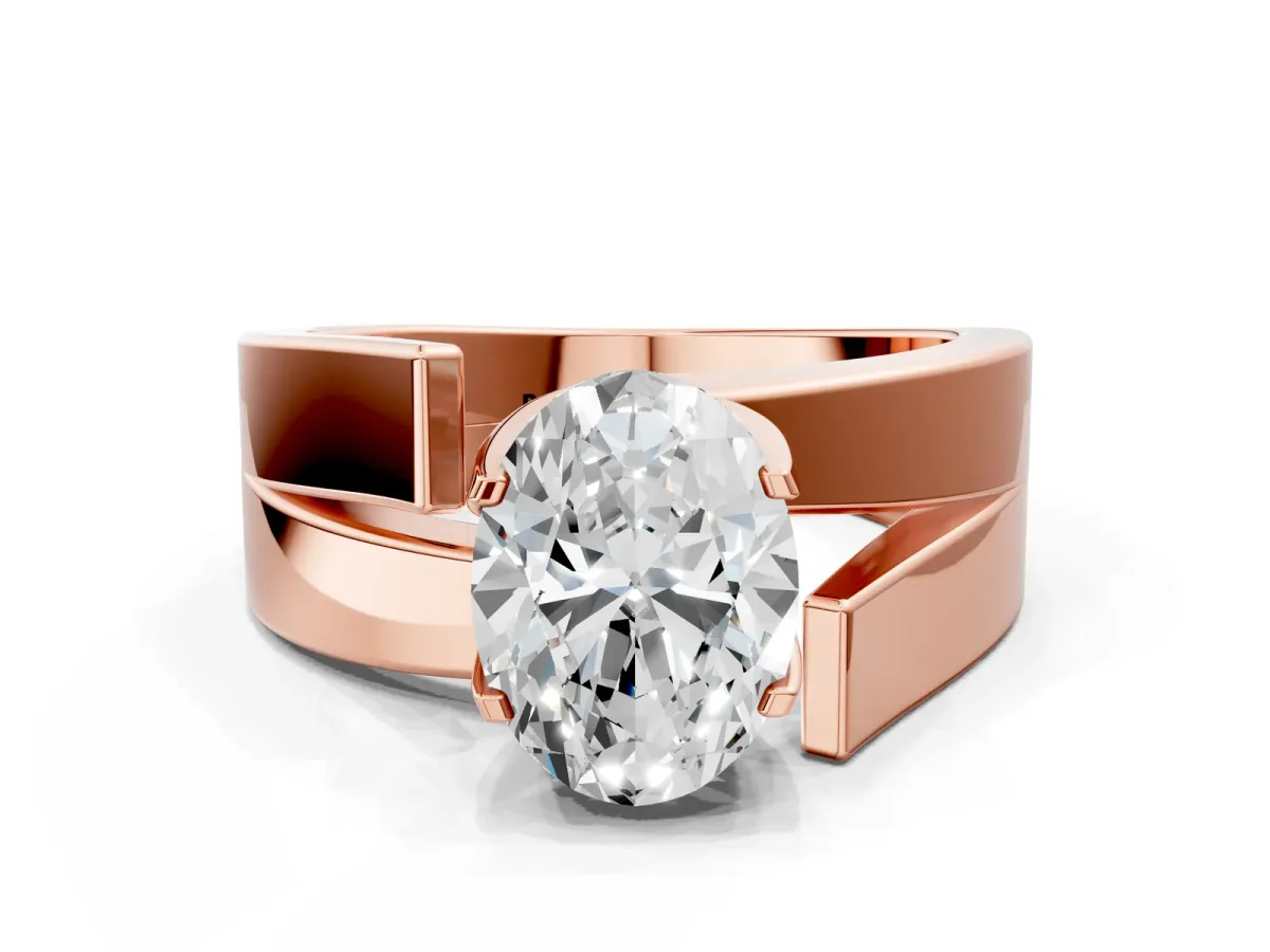 Modern Tension Set Oval Cut Diamond Solitaire Wide Band Ring Rose gold