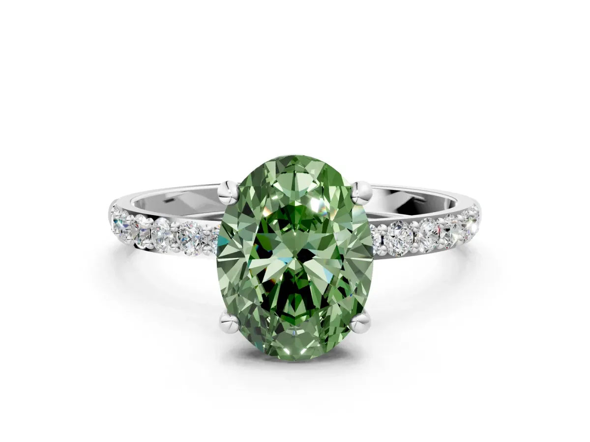 Fancy Green Oval Cut Diamond Solitaire Ring with Round Pavé Band and Prong Setting Silver