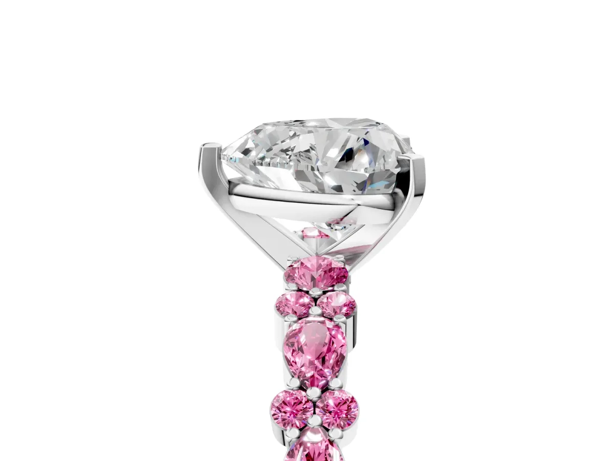 Heart Cut Diamond Side Stone Solitaire Ring with Round Pink Sapphire and Four-Prong Setting Silver