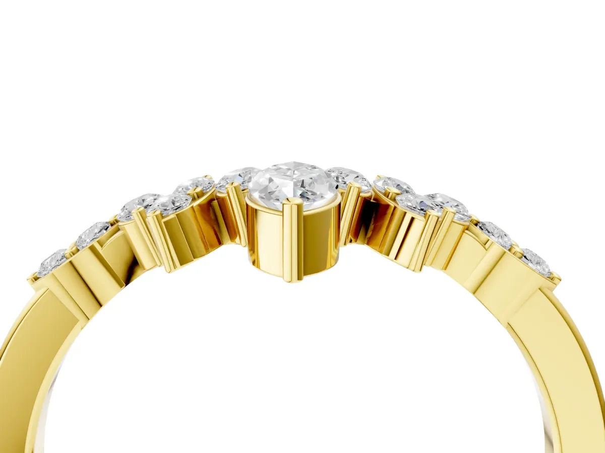 Marquise and Round Diamond Chevron Band with Prong Setting Yellow gold