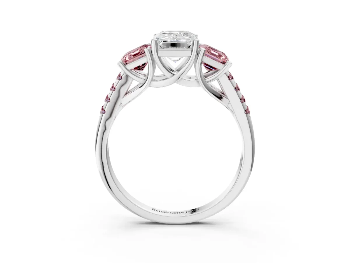 Three-Stone Emerald Cut Diamond Ring with Round Morganite Pavé Band and Prong Setting Silver