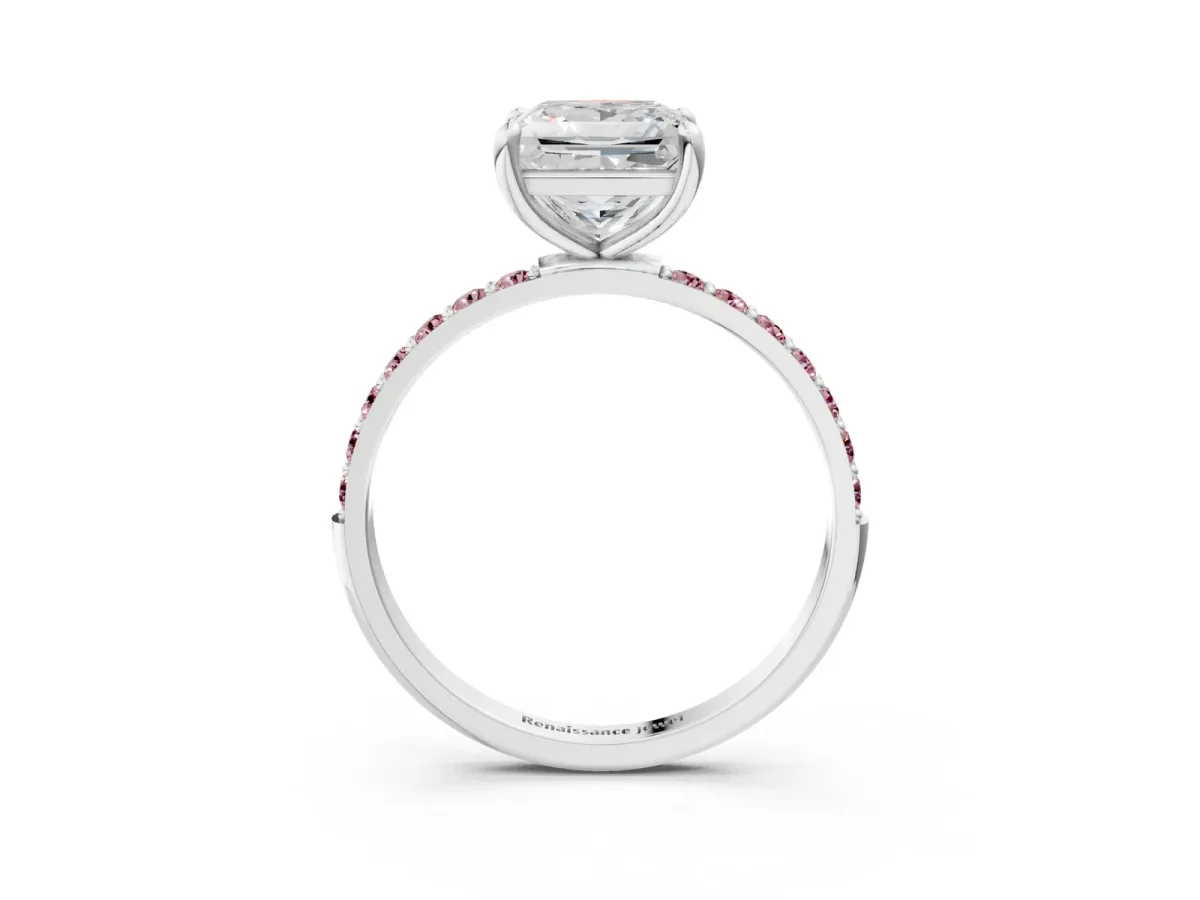 Princess Cut Diamond Solitaire Ring with Round Morganite Pavé Band and Prong Setting Silver