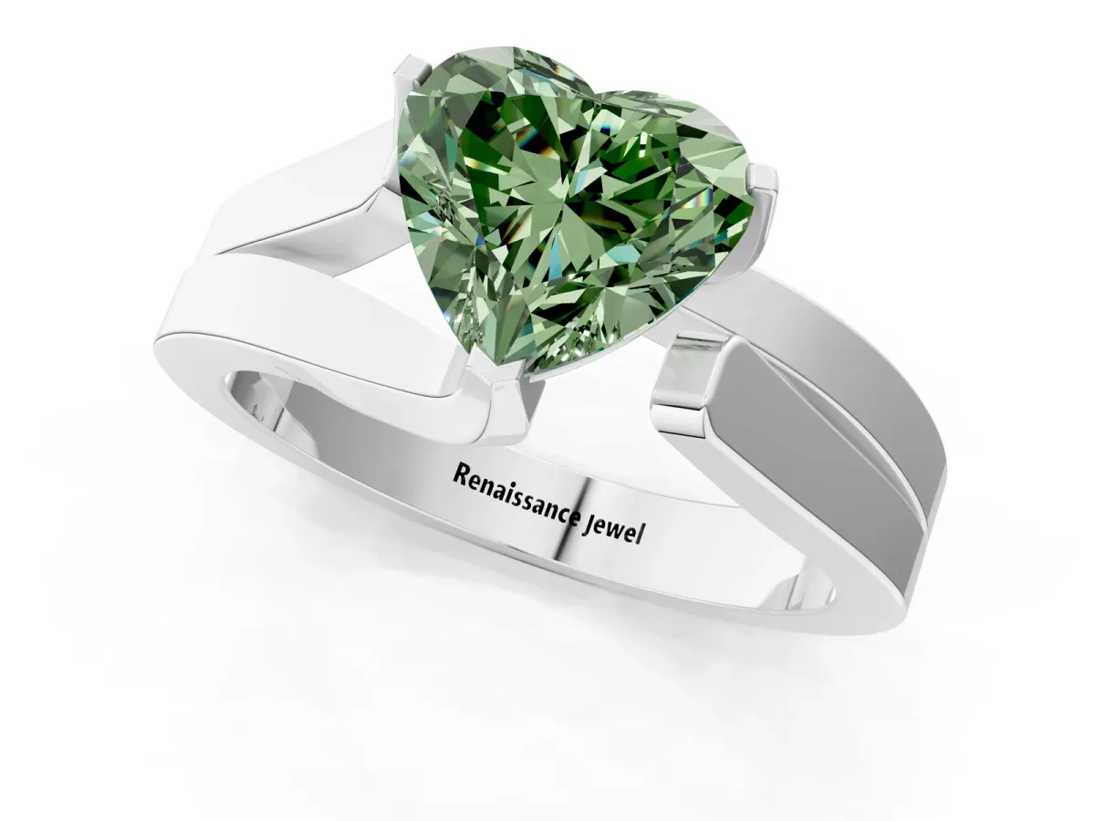 Fancy Green Modern Tension Set Heart Cut Diamond Solitaire Wide Band Ring Silver