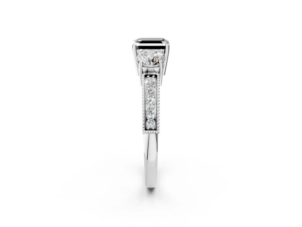 Fancy Black Asscher Cut Three-Stone Diamond Ring with Pavé Band and Four-Prong Setting Platinum