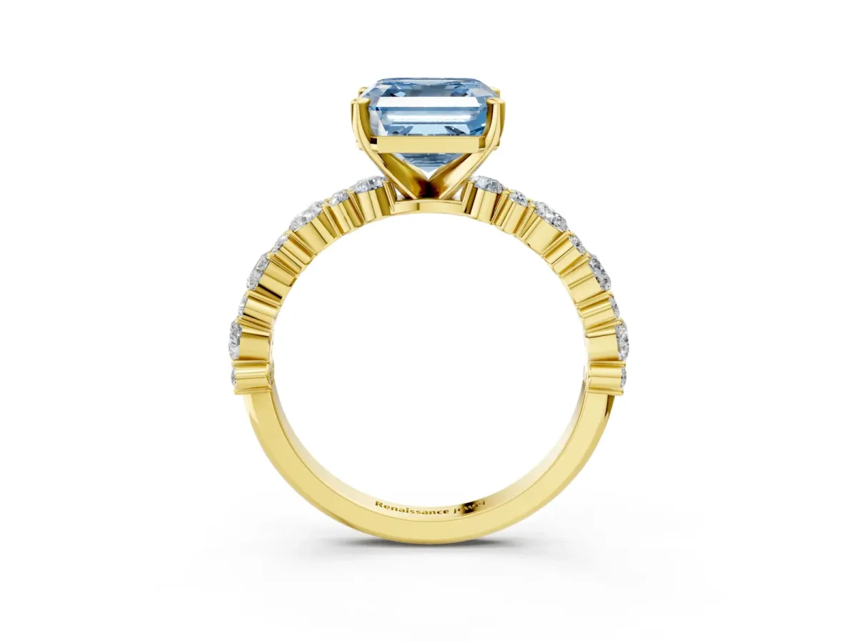 Fancy Blue Asscher Cut Diamond Side Stone Solitaire Ring with Round and Four-Prong Setting Yellow gold
