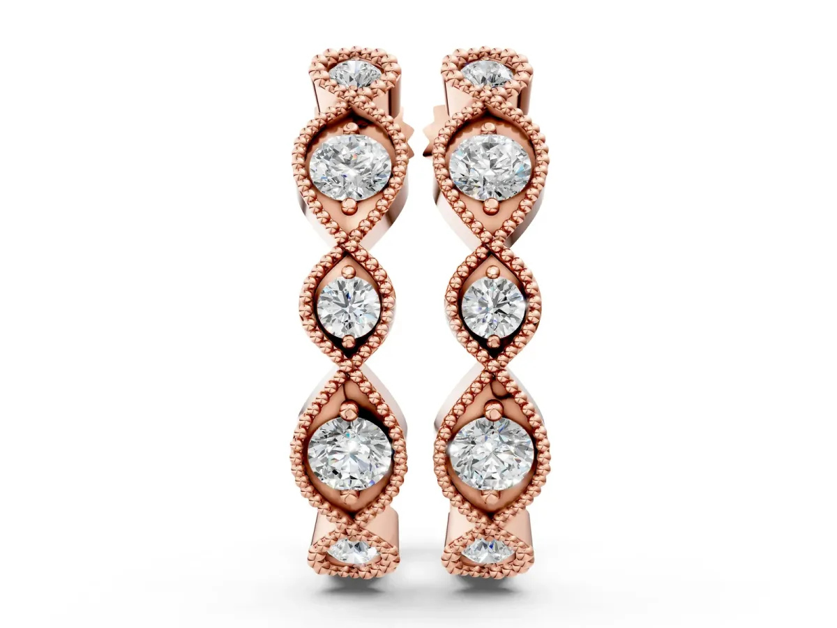 Milgrain Marquise Diamond Hoop Earrings with Bezel Setting Rose gold