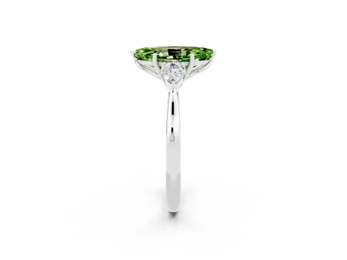 Marquise Cut Peridot Three-Stone Ring with Pear Side Stones and Prong Setting White gold