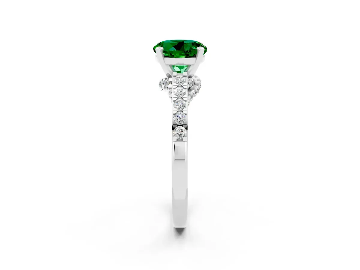 Round Cut Emerald Solitaire Ring with Crossover Gallery and Round Pavé Band Platinum