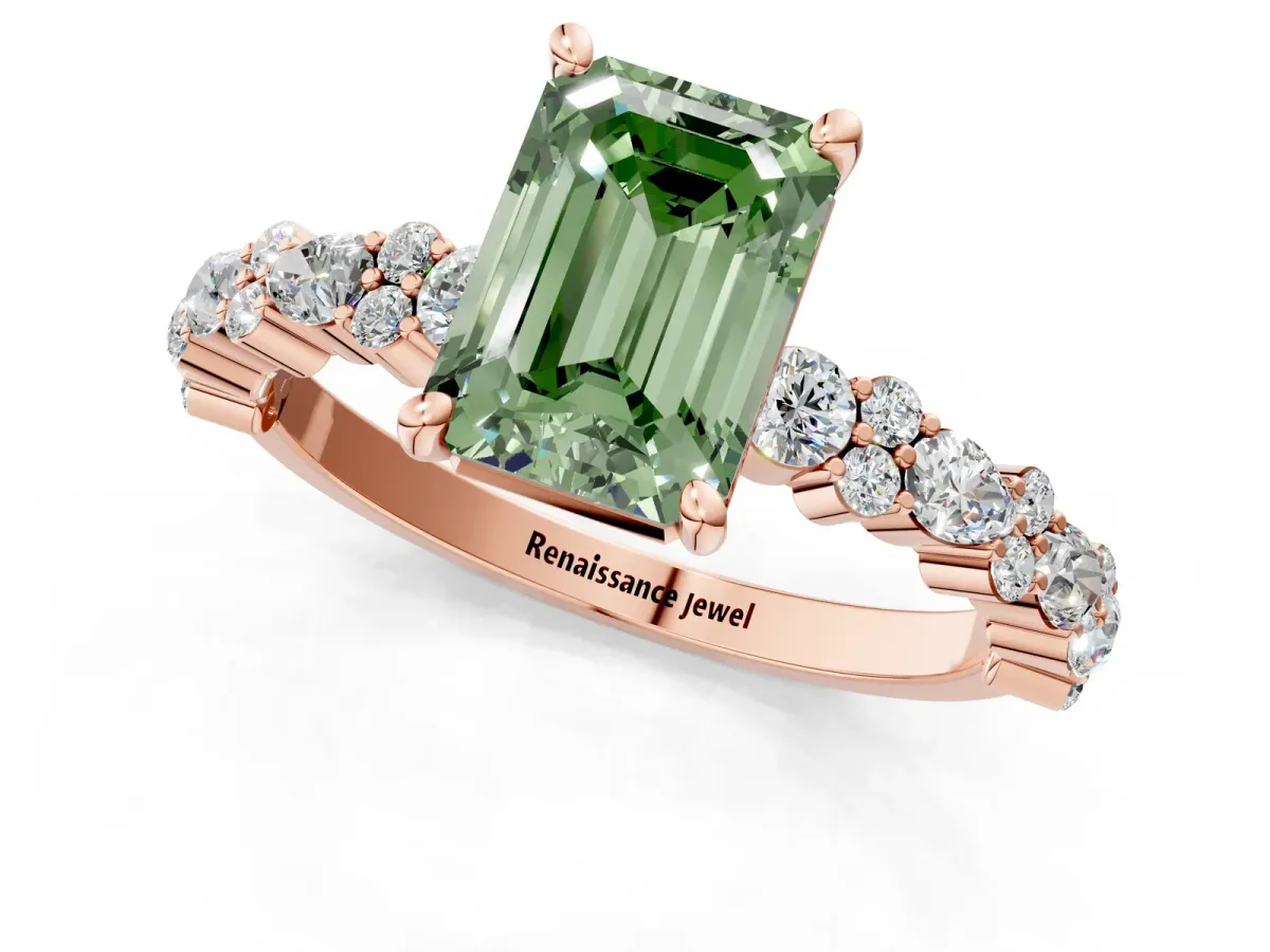 Fancy Green Emerald Cut Diamond Side Stone Solitaire Ring with Round and Four-Prong Setting Rose gold