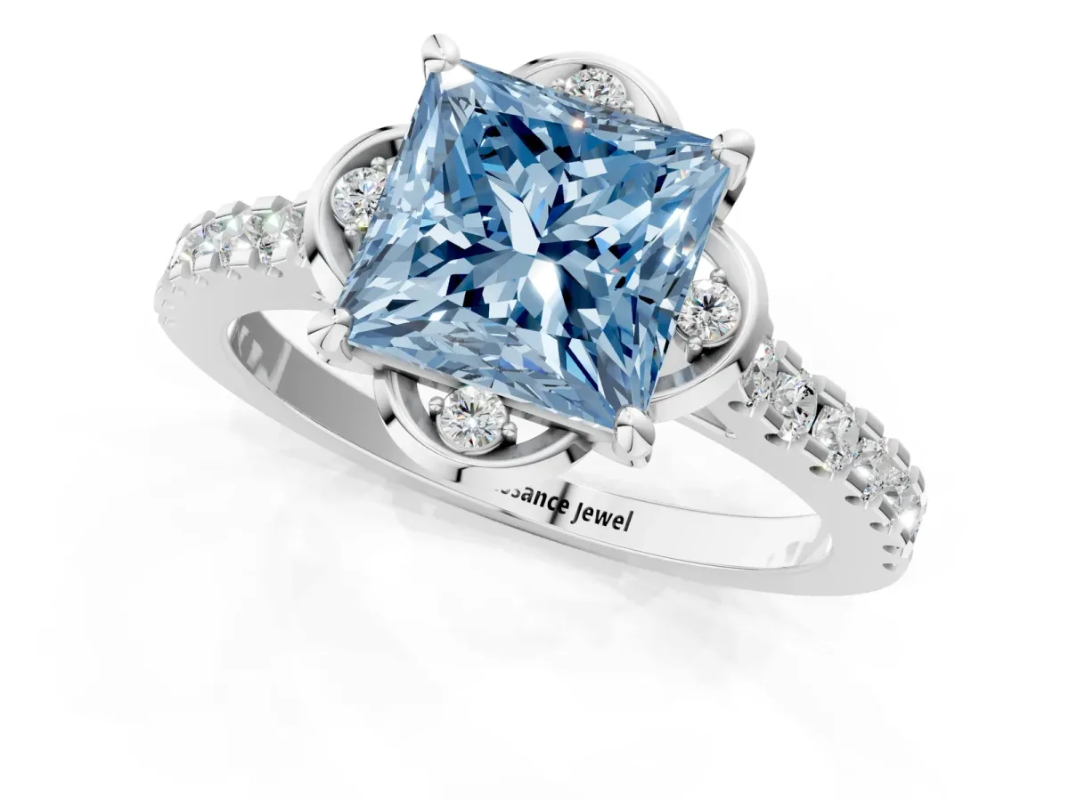 Fancy Blue Princess Cut Diamond Ring with Pavé Band and Floral Prong Setting Silver