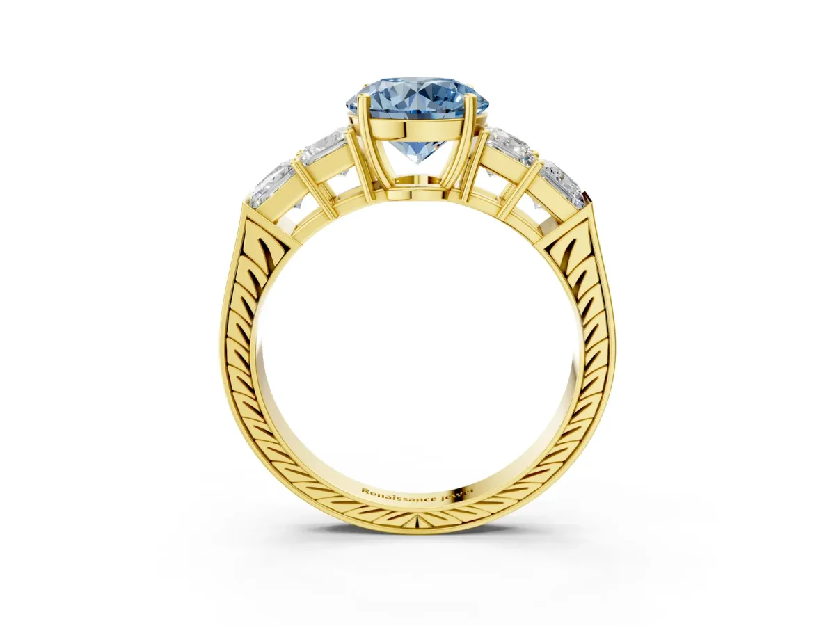 Fancy Blue Round Cut Solitaire Princess Side Stone Engraved Band Prong Setting Ring Yellow gold
