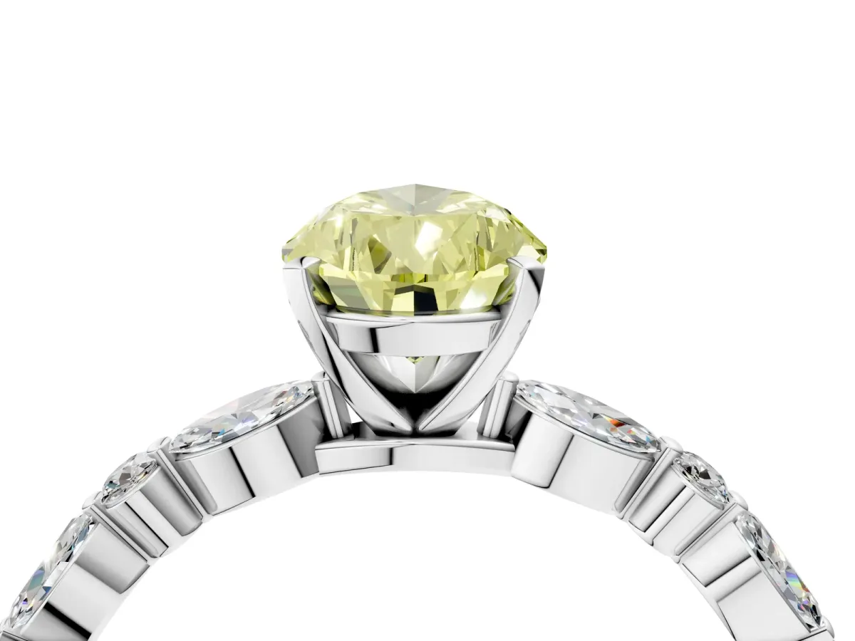Fancy Yellow Pear Cut Diamond Ring with Marquise and Round Side Stones and Four-Prong Setting Silver