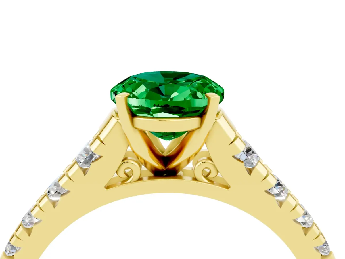 Oval Cut Emerald Cathedral Solitaire Ring with Round Pavé Band Yellow gold