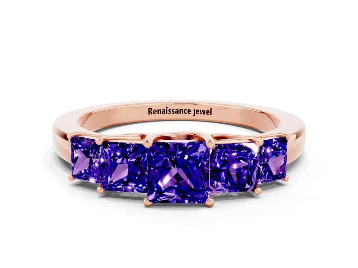 Princess Cut Five-Stone Tanzanite Ring with Classic Prong Setting Rose gold