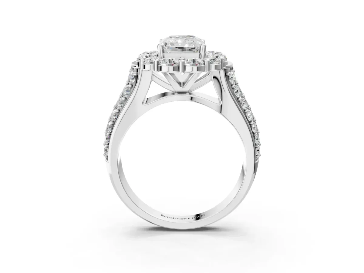 Radiant Cut Halo Diamond Engagement Ring with Split Shank and Prong Setting Platinum