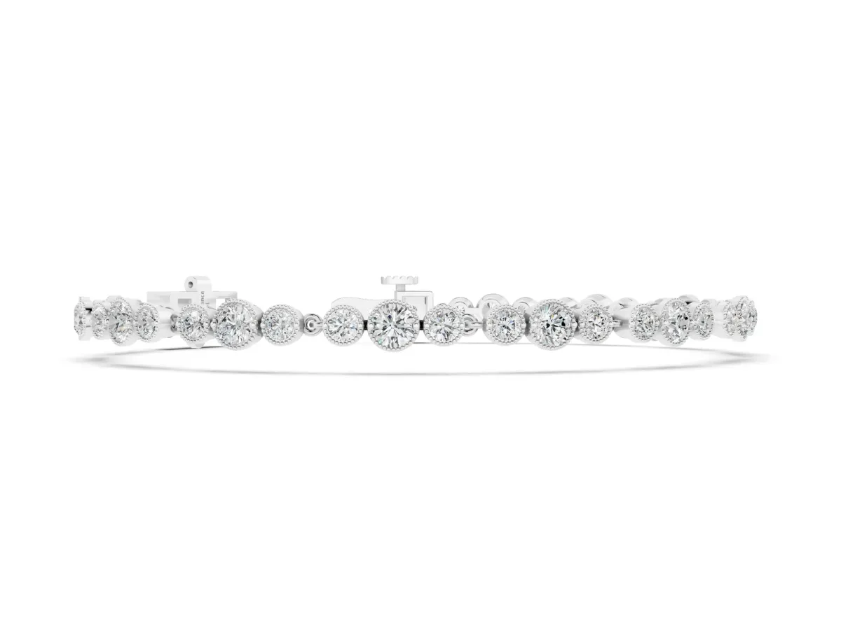 Round Bezel-Set Diamond Tennis Bracelet with Milgrain Detailing Silver