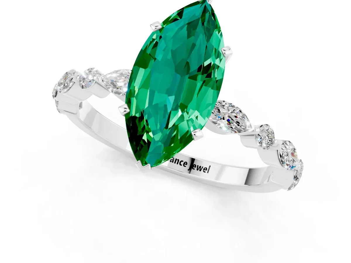 Marquise Cut Emerald Ring with Marquise and Round Side Stones and Four-Prong Setting Silver