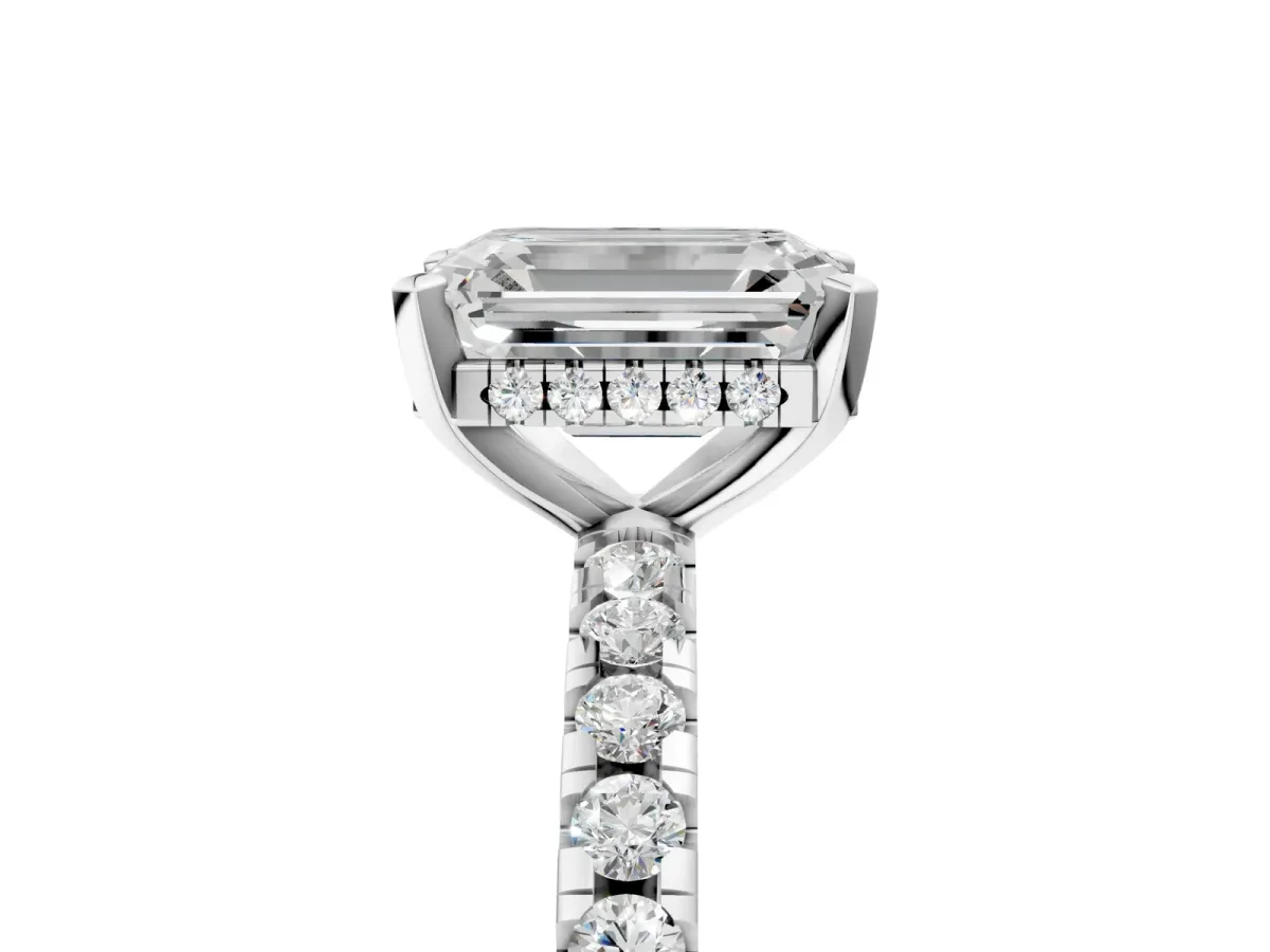 Emerald Cut Diamond Solitaire Ring with Round Moissanite Pavé Band and Four-Prong Setting Silver