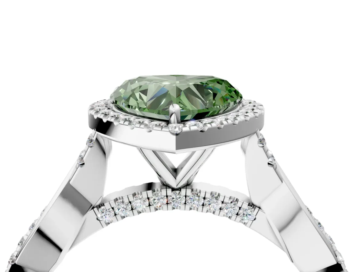 Fancy Green Heart Cut Halo Twist Band Solitaire Ring Platinum