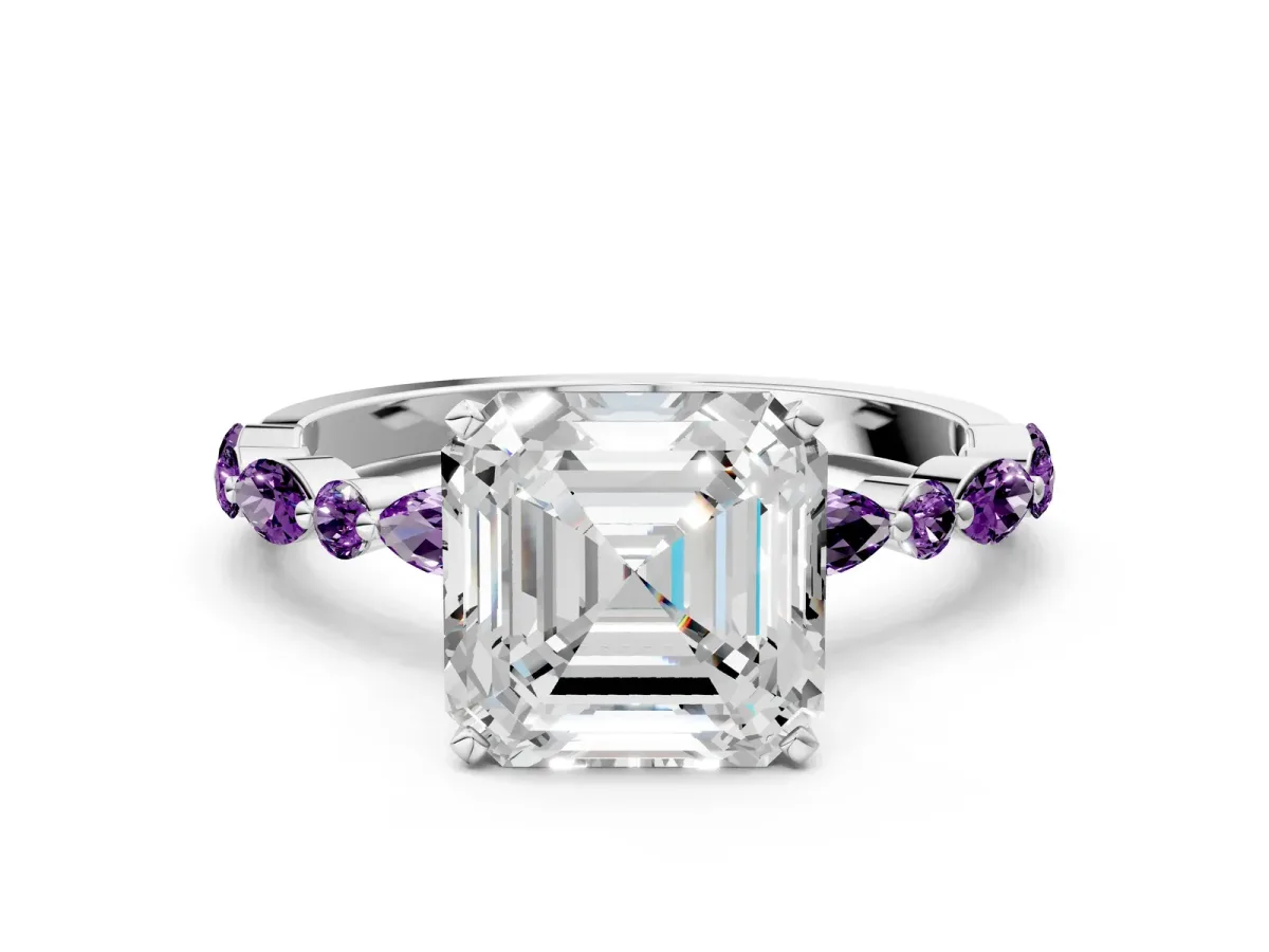 Asscher Cut Diamond Ring with Marquise and Round Amethyst Side Stones and Four-Prong Setting Silver