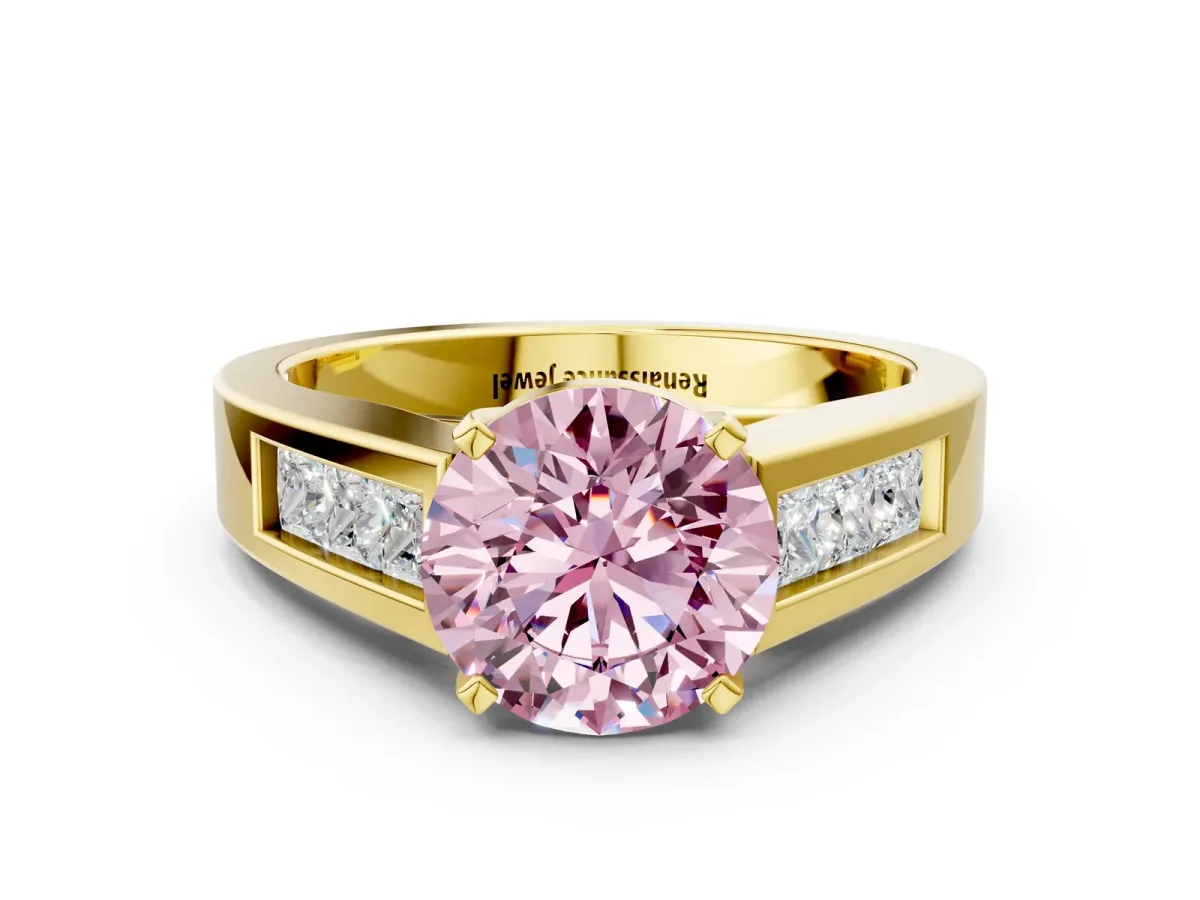 Fancy Pink Round Cut Cut Channel Set Solitaire Ring with Four-Prong Setting Yellow gold