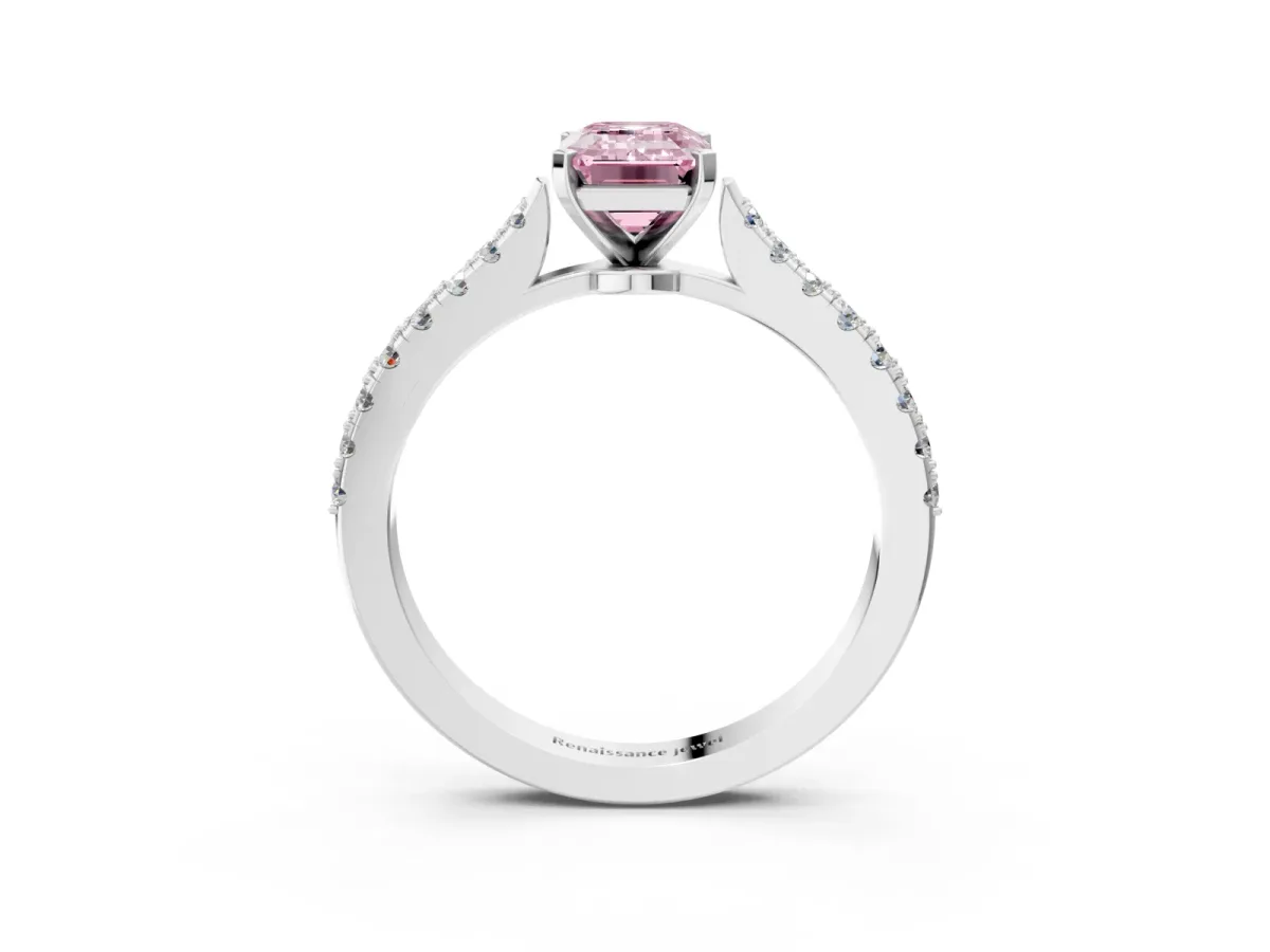 Fancy Pink Emerald Cut Cut Solitaire Diamond Engagement Ring with Pave Band and Four-Prong Setting Silver