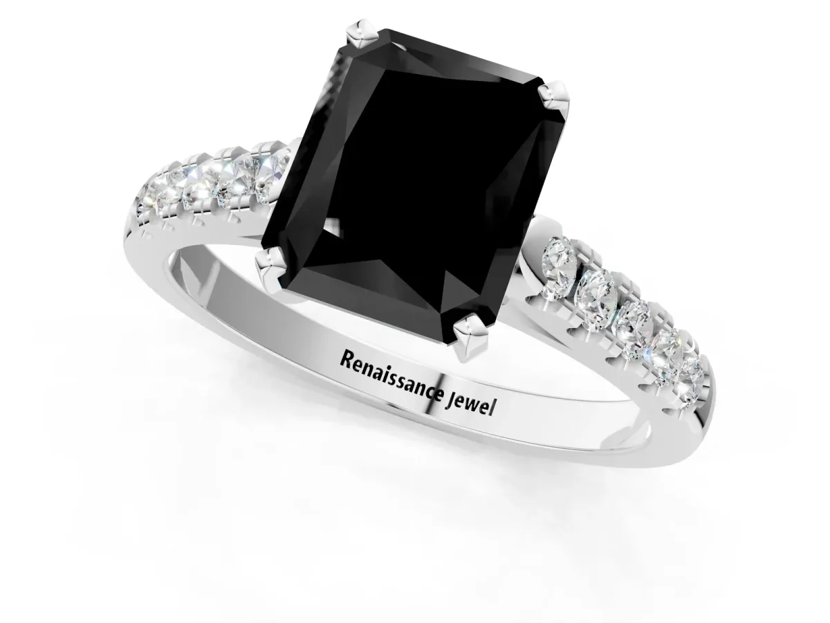 Fancy Black Radiant Cut Diamond Pavé Band Solitaire Ring with Prong Setting Platinum
