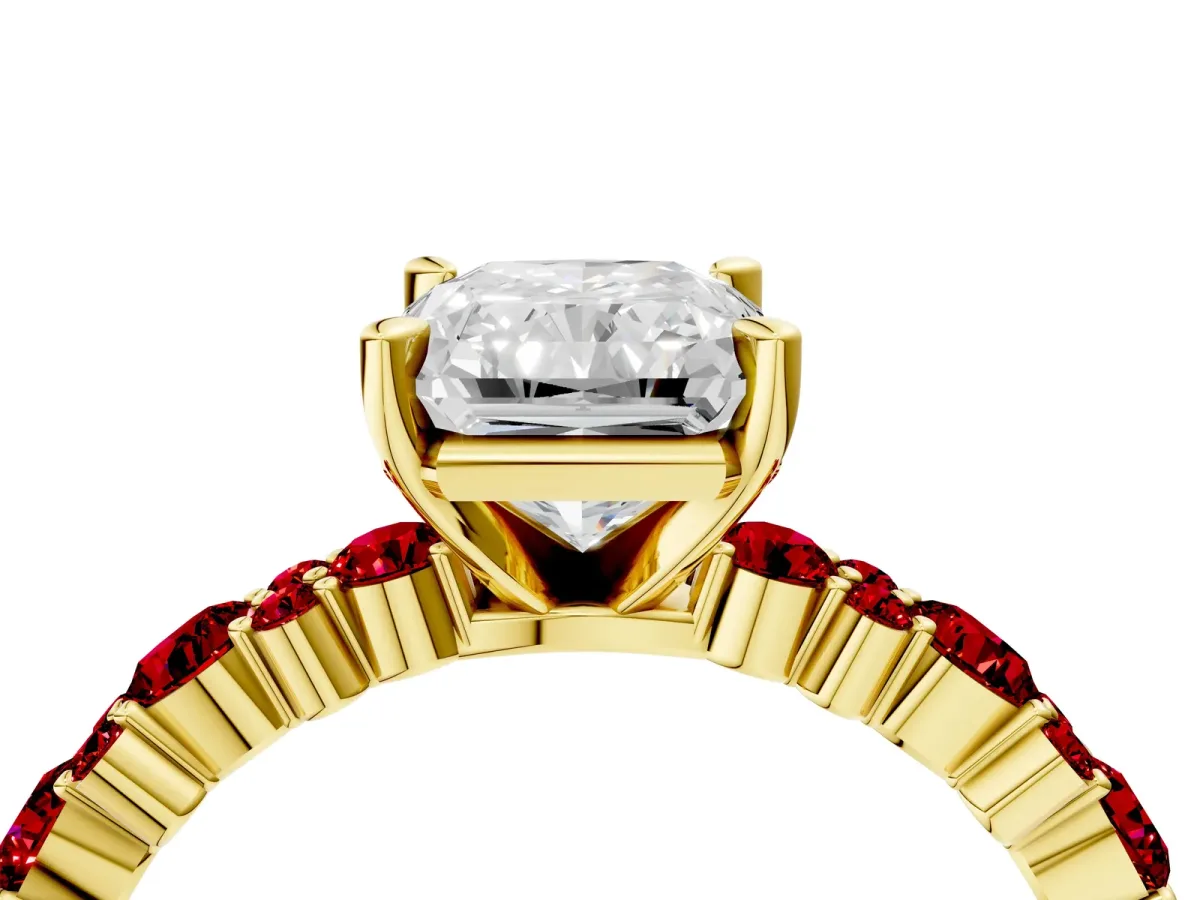 Radiant Cut Diamond Side Stone Solitaire Ring with Round Ruby and Four-Prong Setting Yellow gold
