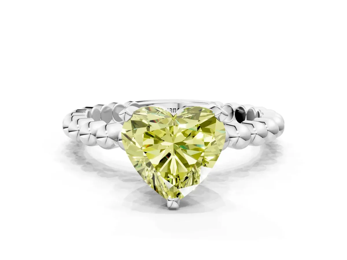 Fancy Yellow Heart Cut Diamond Solitaire Ring with Beaded Band and Prong Setting Silver