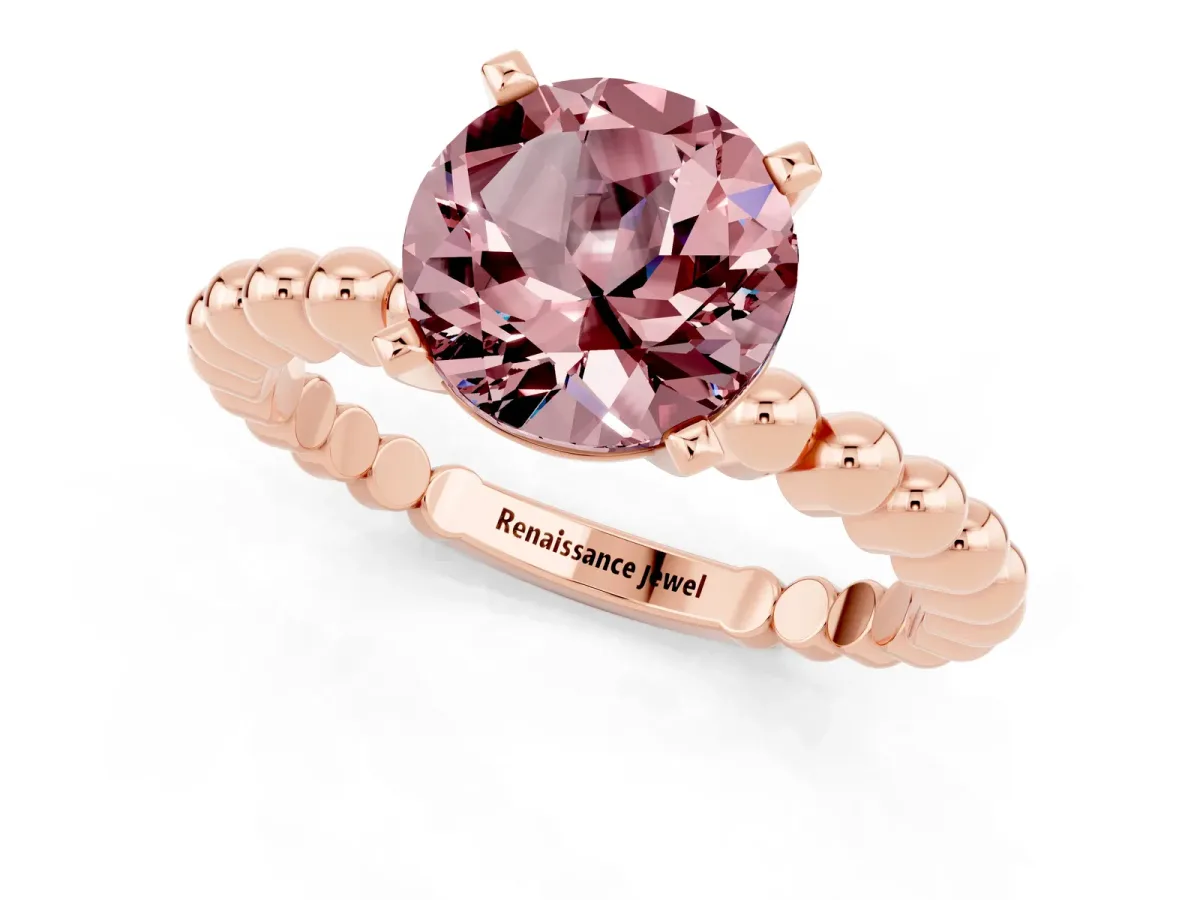 Round Cut Morganite Solitaire Ring with Beaded Band and Prong Setting Rose gold
