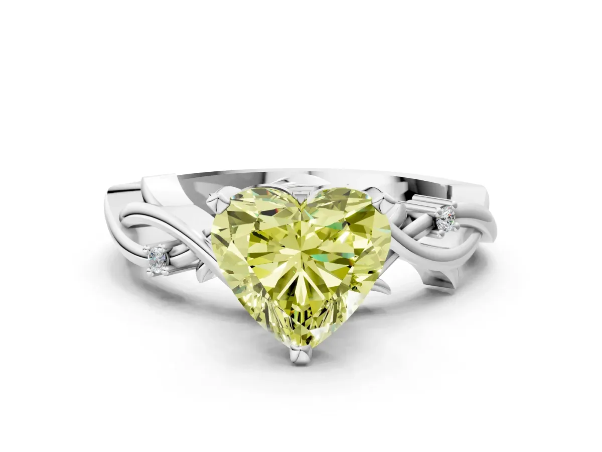 Fancy Yellow Heart Cut Diamond Solitaire Ring with Twisted Band and Prong Setting Silver