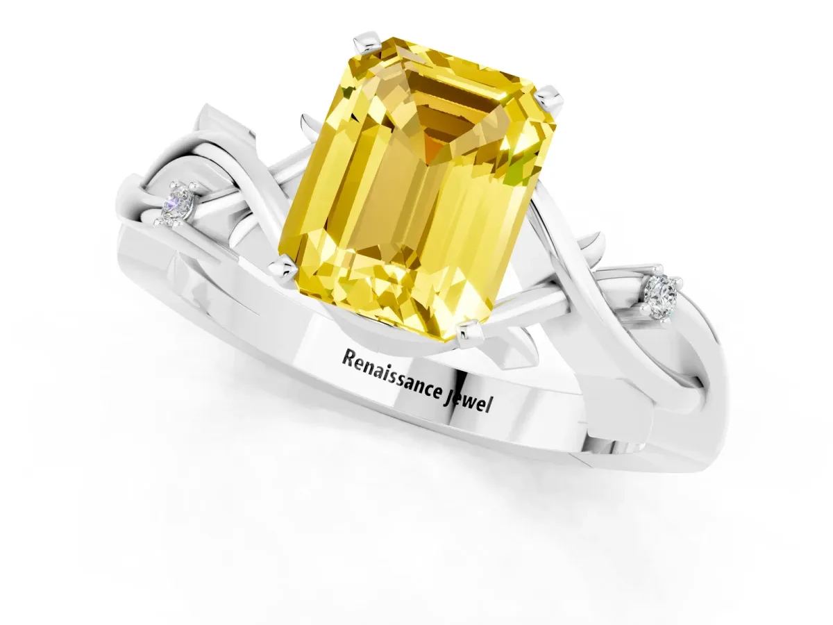 Emerald Cut Yellow Sapphire Solitaire Ring with Twisted Band and Prong Setting Platinum