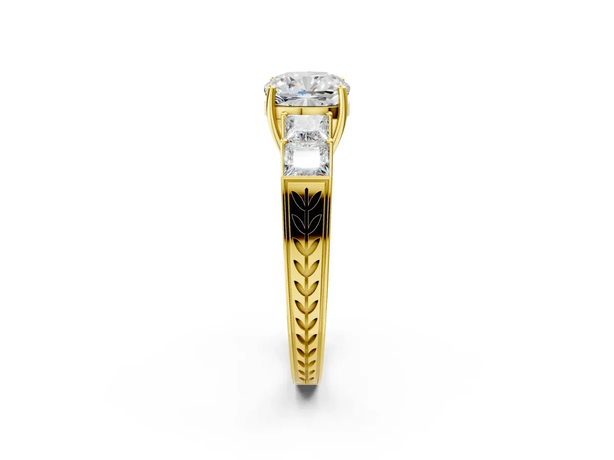 Cushion Cut Solitaire Princess Side Stone Engraved Band Prong Setting Ring Yellow gold