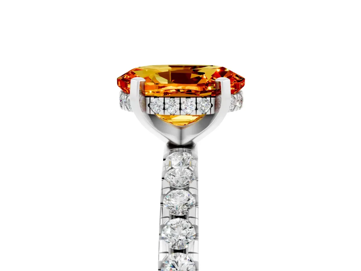 Oval Cut Citrine Solitaire Ring with Round Pavé Band and Four-Prong Setting Platinum
