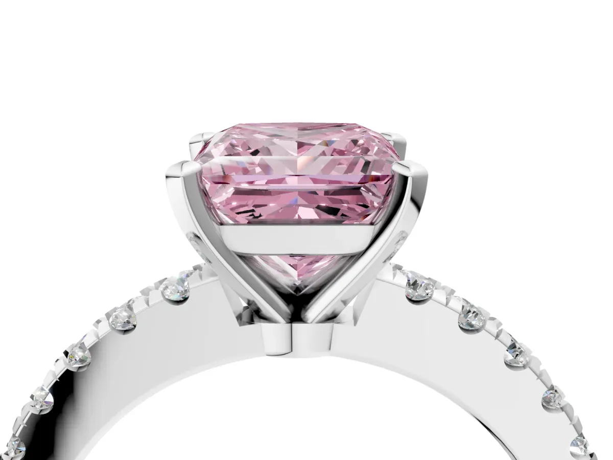 Fancy Pink Princess Cut Solitaire Diamond with Pavé Band and Four-Prong Setting Silver