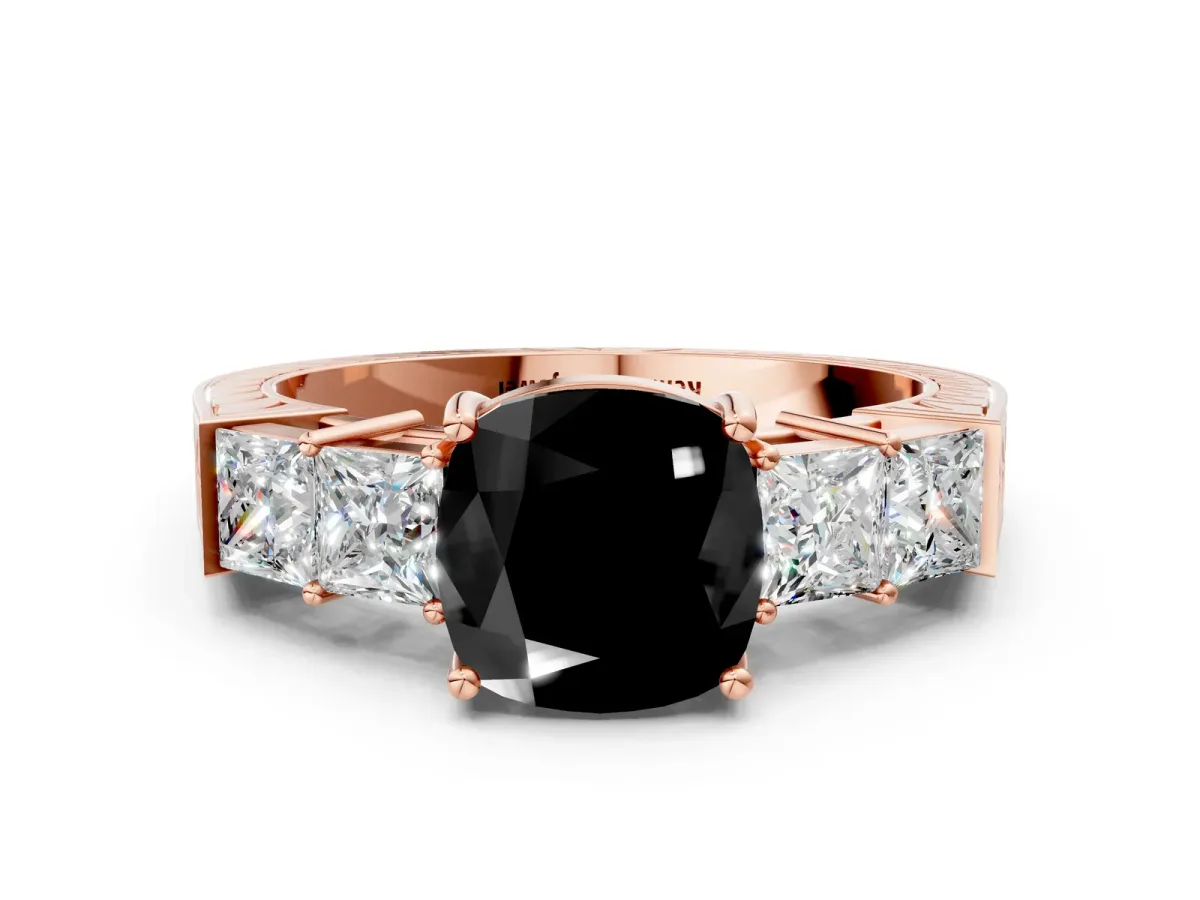 Fancy Black Cushion Cut Solitaire Princess Side Stone Engraved Band Prong Setting Ring Rose gold