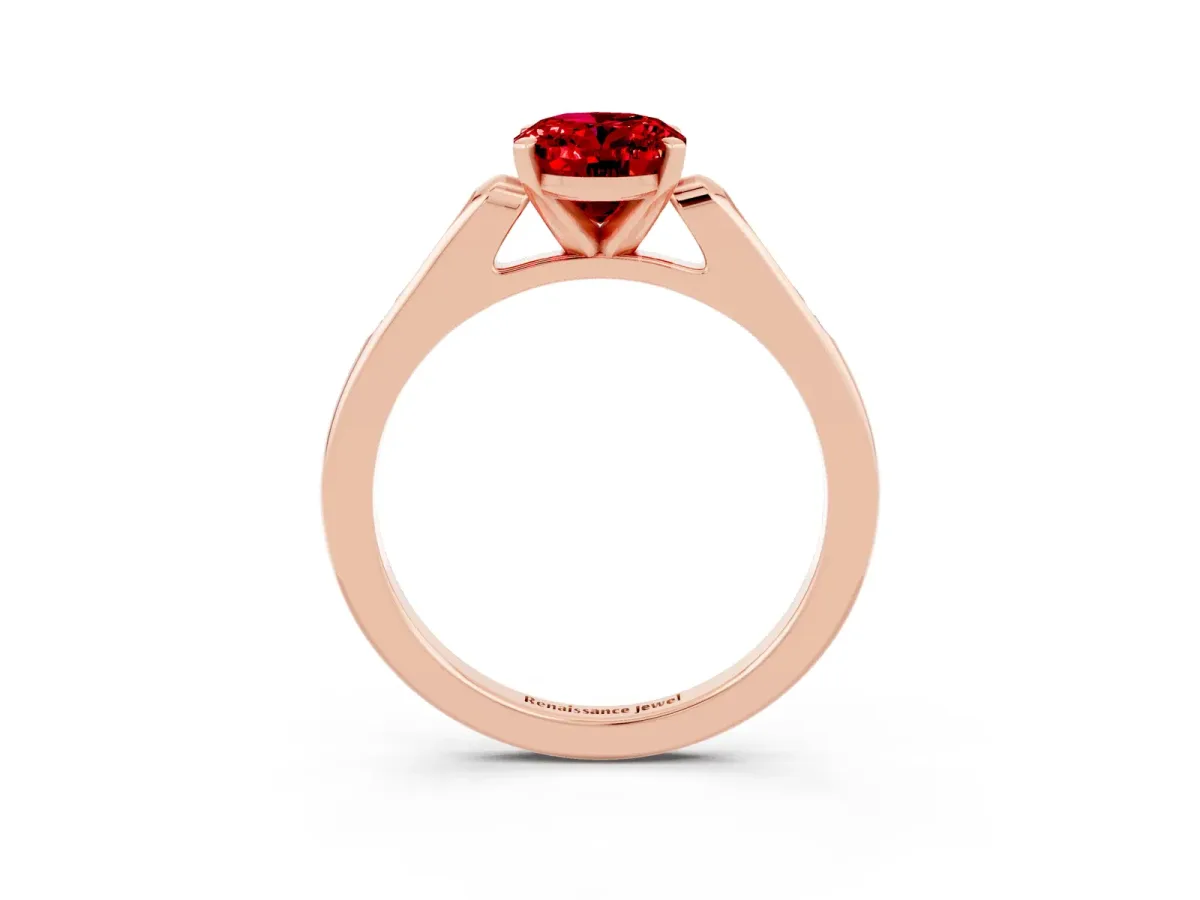 Oval Cut Ruby Solitaire Ring with Channel Set Round Band and Prong Setting Rose gold