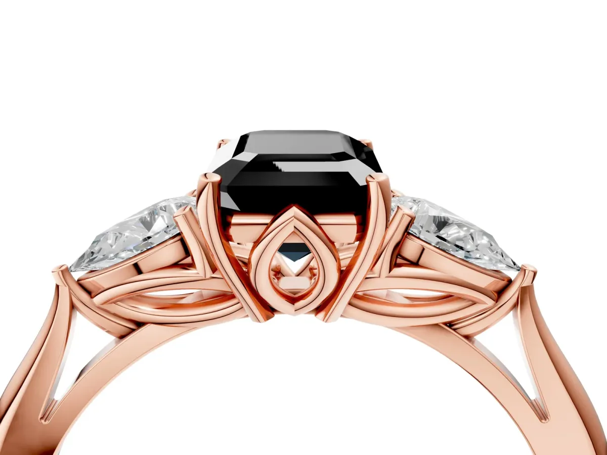 Fancy Black Emerald Cut Diamond Three-Stone Ring with Pear Side Stones and Prong Setting Rose gold