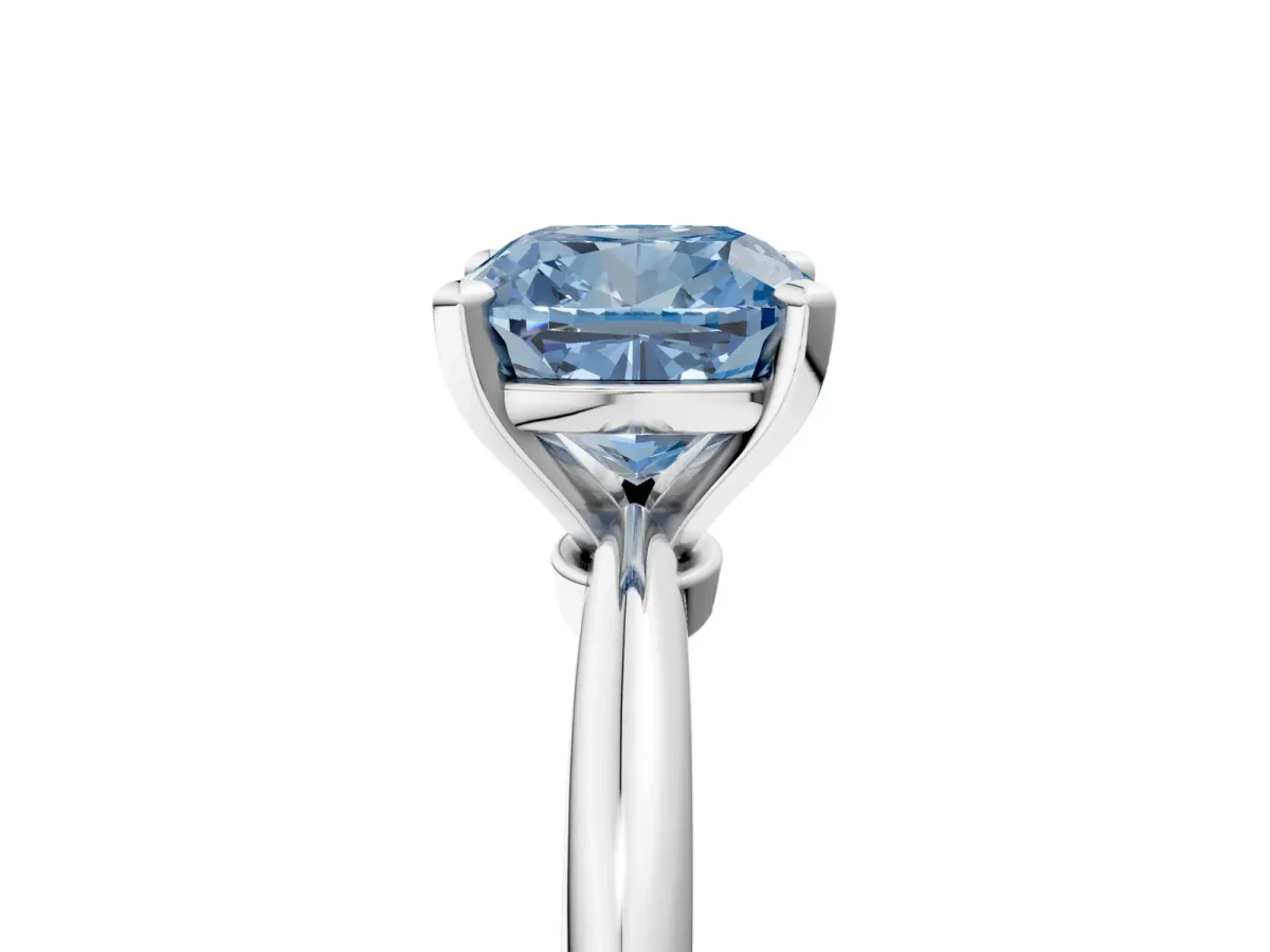 Fancy Blue Cushion Cut Diamond Solitaire Ring with Six-Prong Setting and Classic Band Silver