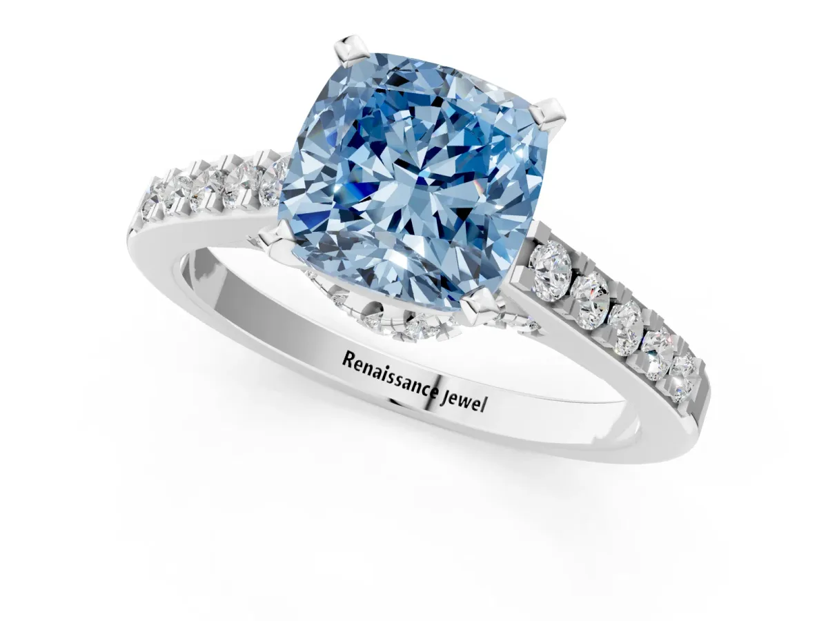 Fancy Blue Cushion Cut Diamond Solitaire Ring with Crossover Gallery and Round Pavé Band Silver