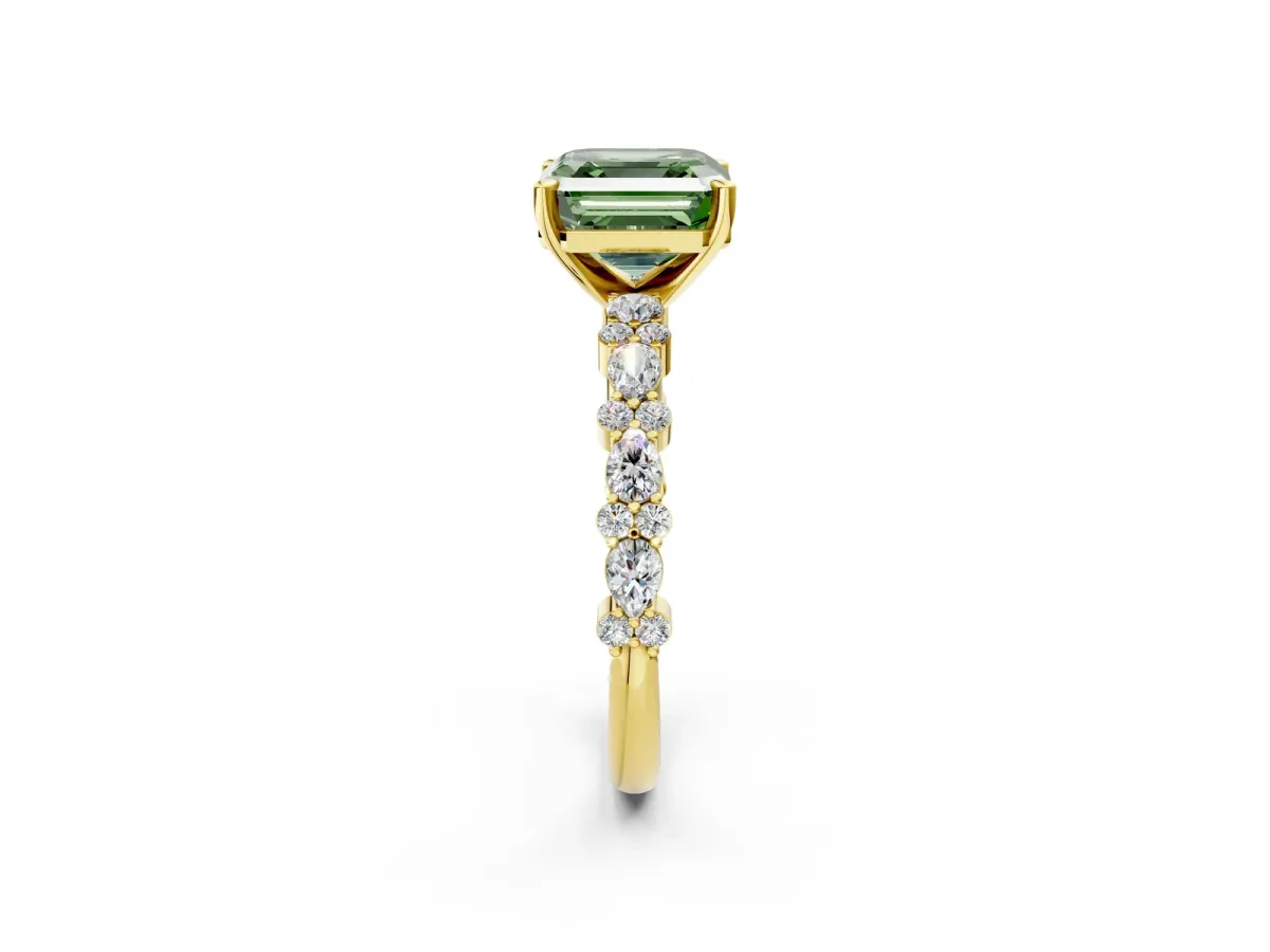 Fancy Green Asscher Cut Diamond Side Stone Solitaire Ring with Round and Four-Prong Setting Yellow gold