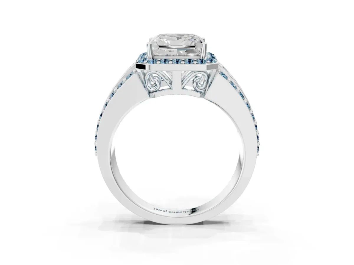 Princess Cut Halo Diamond Ring with Round Aquamarine Split Shank and Prong Setting Silver