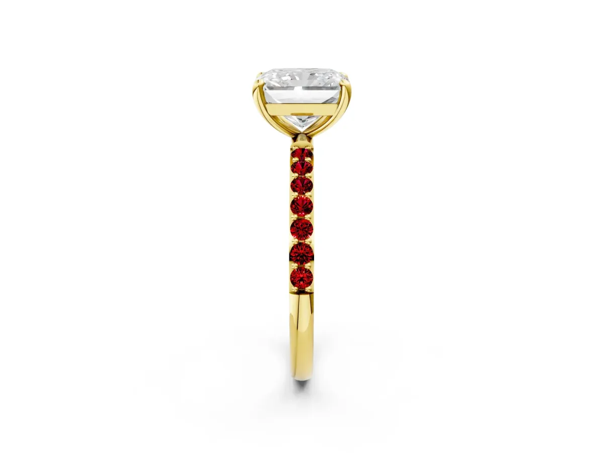 Radiant Cut Diamond Solitaire Ring with Round Ruby Pavé Band and Prong Setting Yellow gold