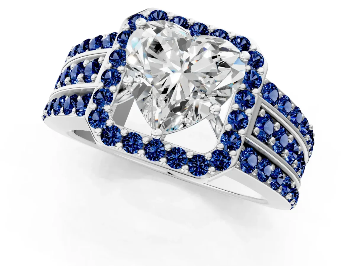 Heart Cut Halo Diamond Ring with Round Blue Sapphire Split Shank and Prong Setting Silver