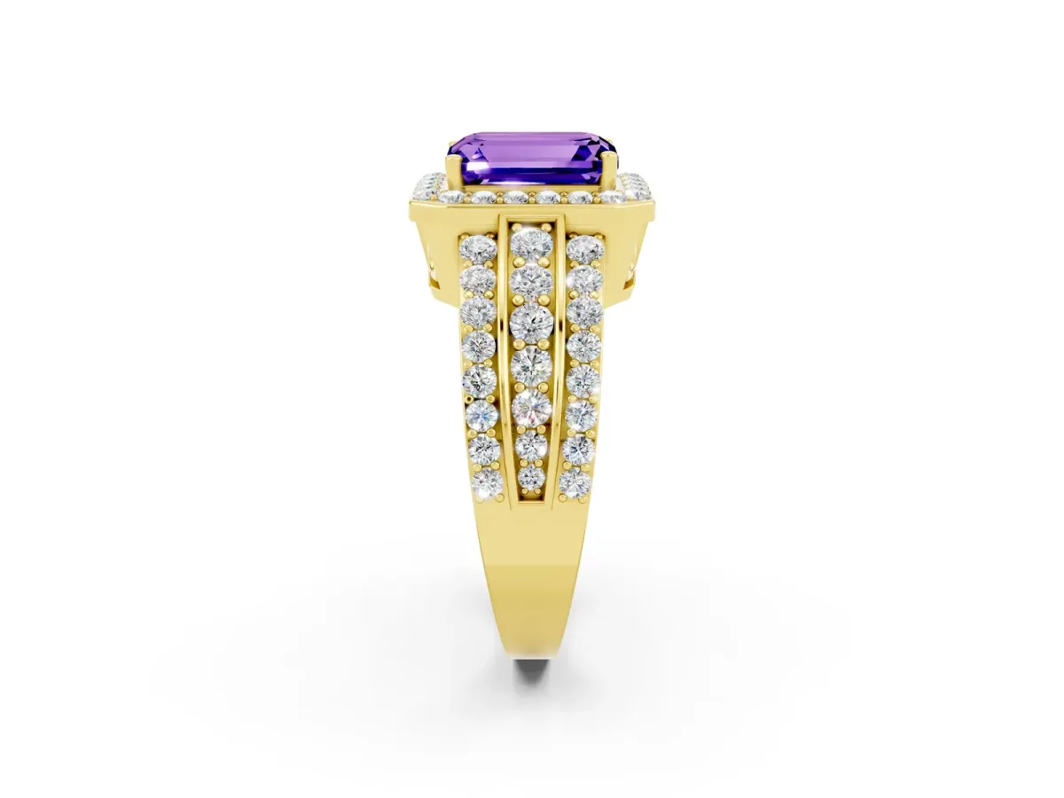 Emerald Cut Halo Tanzanite Ring with Round Split Shank and Prong Setting Yellow gold