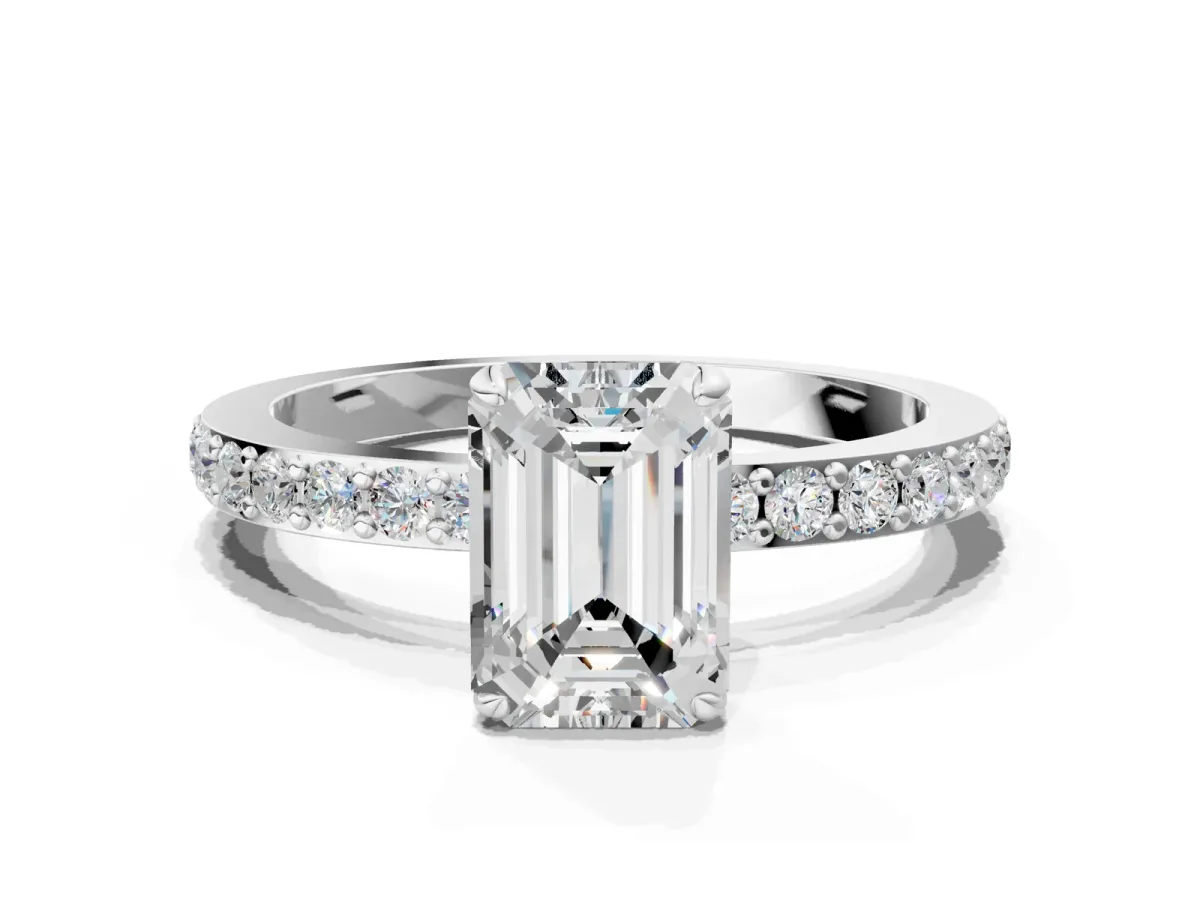 Emerald Cut Diamond Solitaire Engagement Ring with Pavé Band and Four-Prong Setting Silver